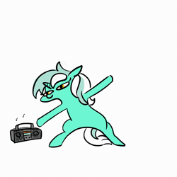 Size: 1080x1080 | Tagged: safe, artist:jargon scott, artist:tjpones, derpibooru import, lyra heartstrings, pony, unicorn, animated, bipedal, dancing, female, floppy ears, gif, lidded eyes, majestic as fuck, mare, music notes, music player, silly, silly pony, simple background, smiling, solo, wat, white background
