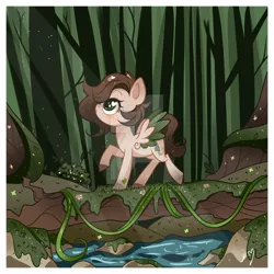 Size: 800x800 | Tagged: safe, artist:ipun, derpibooru import, oc, oc:pacific pine, unofficial characters only, pegasus, pony, deviantart watermark, female, forest, heart eyes, mare, obtrusive watermark, solo, tree, two toned wings, vine, watermark, wingding eyes, wings