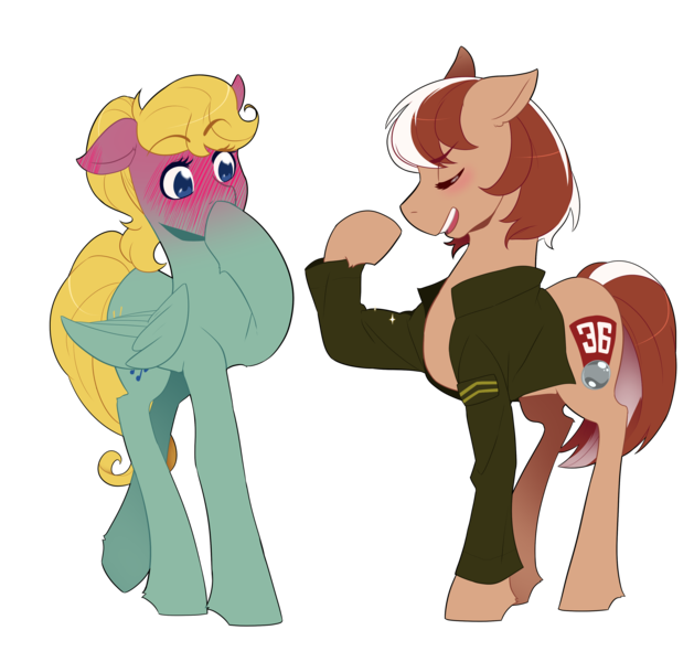 Size: 3478x3316 | Tagged: safe, artist:mylittlesheepy, derpibooru import, oc, oc:roulette, oc:sunny hymn, unofficial characters only, earth pony, pegasus, pony, fallout equestria, blushing, clothes, covering mouth, cute, embarrassed, female, flexing, flirting, jacket, lesbian, mare, ponytail, showing off, simple background, sparkles, transparent background