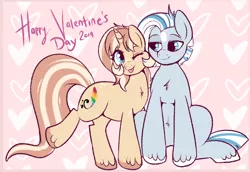 Size: 900x620 | Tagged: safe, artist:lulubell, derpibooru import, oc, oc:frost, oc:lulubell, unofficial characters only, earth pony, pony, unicorn, cheek squish, female, frostbell, holiday, male, mare, nuzzling, oc x oc, shipping, squishy cheeks, stallion, straight, valentine's day