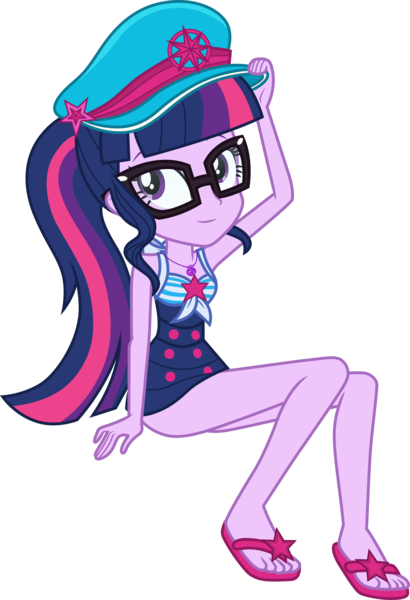 Size: 3000x4390 | Tagged: safe, artist:cloudyglow, artist:sugar-loop, derpibooru import, sci-twi, twilight sparkle, equestria girls, equestria girls series, forgotten friendship, .ai available, absurd resolution, attached skirt, blue swimsuit, bow swimsuit, captain hat, clothes, cute, feet, female, flip-flops, geode of telekinesis, glasses, magical geodes, one-piece swimsuit, ponytail, sandals, simple background, skirt, sleeveless, solo, striped swimsuit, swimsuit, transparent background, tricolor swimsuit, twiabetes, vector