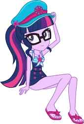 Size: 3000x4390 | Tagged: safe, artist:cloudyglow, artist:sugar-loop, derpibooru import, sci-twi, twilight sparkle, equestria girls, equestria girls series, forgotten friendship, .ai available, absurd resolution, attached skirt, blue swimsuit, bow swimsuit, captain hat, clothes, cute, feet, female, flip-flops, geode of telekinesis, glasses, magical geodes, one-piece swimsuit, ponytail, sandals, simple background, skirt, sleeveless, solo, striped swimsuit, swimsuit, transparent background, tricolor swimsuit, twiabetes, vector