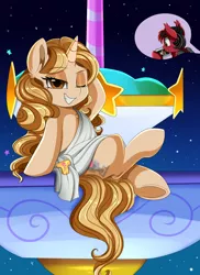 Size: 2550x3509 | Tagged: safe, artist:pridark, derpibooru import, oc, oc:taralicious, bat pony, pony, unicorn, blushing, camera, clothes, commission, crossed legs, female, fountain of dreams, male, mare, night, one eye closed, pete wentz, ponified celebrity, sitting, smiling, stallion, tara strong, toga, wink