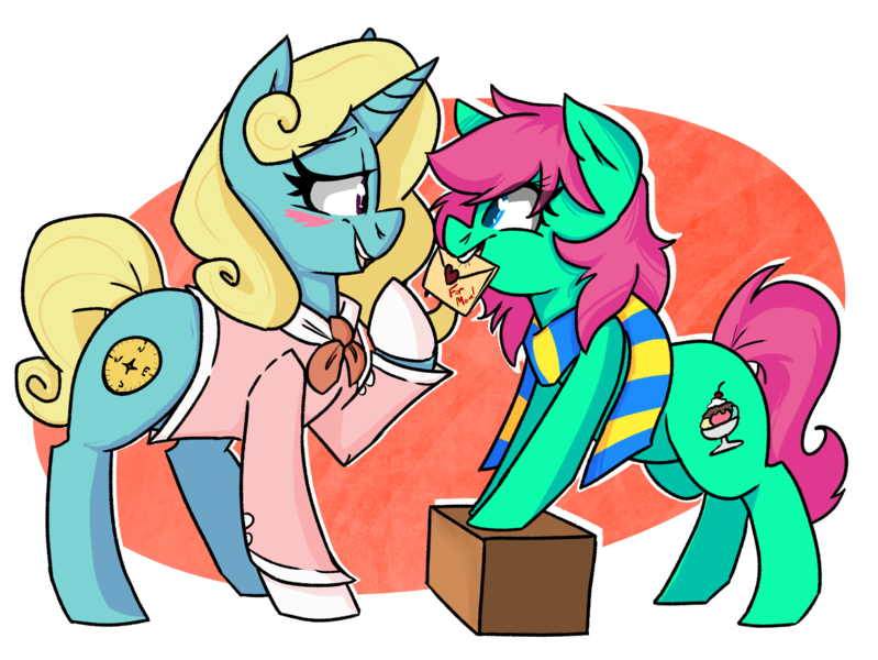 Size: 2047x1537 | Tagged: safe, artist:modularpon, artist:themodpony, deleted from derpibooru, derpibooru import, oc, oc:minty split, oc:seafoam breeze, earth pony, pony, unicorn, ascot, blushing, box, clothes, female, mare, mother and child, mother and daughter, scarf, shirt, smiling, socks, valentine's day card