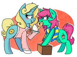 Size: 2047x1537 | Tagged: safe, artist:modularpon, artist:themodpony, deleted from derpibooru, derpibooru import, oc, oc:minty split, oc:seafoam breeze, earth pony, pony, unicorn, ascot, blushing, box, clothes, female, mare, mother and child, mother and daughter, scarf, shirt, smiling, socks, valentine's day card