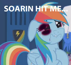 Size: 758x690 | Tagged: semi-grimdark, derpibooru import, edit, edited screencap, screencap, rainbow dash, pony, parental glideance, abuse, abuse edit, black eye, bruised, dashabuse, go to sleep wind rider, implied soarin', poor rainbow dash, sad