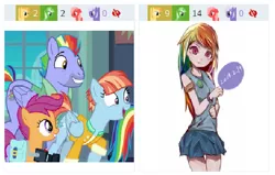 Size: 540x343 | Tagged: safe, artist:班迪特, derpibooru import, edit, edited screencap, screencap, bow hothoof, rainbow dash, scootaloo, windy whistles, human, pegasus, pony, derpibooru, parental glideance, bag, bracelet, clothes, female, filly, human coloration, humanized, jewelry, juxtaposition, looking at you, male, mare, meta, saddle bag, simple background, skirt, solo, stallion, white background