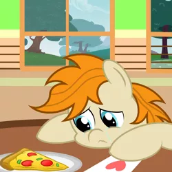 Size: 2500x2500 | Tagged: safe, artist:pizzamovies, derpibooru import, oc, oc:pizzamovies, earth pony, pony, boutique depression, crying, food, heart, hearts and hooves day, lonely, male, meat, pepperoni, pepperoni pizza, pizza, plate, sad, sky, solo, stallion, table, tree, window