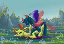 Size: 2900x2000 | Tagged: artist:lordvaltasar, artist:rossmaniteanzu, brotherly love, brothers, changedling, changedling brothers, changeling, changeling hive, cute, derpibooru import, duo, happy, king thorax, lying down, male, open mouth, pharybetes, pharynx, playing, prince pharynx, raised eyebrow, safe, scar, scenery, siblings, smiling, spread wings, thorabetes, thorax, tickling, wings