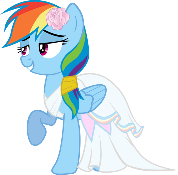 Size: 2781x2726 | Tagged: safe, artist:rainbowmaned, derpibooru import, rainbow dash, pegasus, pony, clothes, cute, dress, female, flower, flower in hair, mare, rainbow dash always dresses in style, simple background, smiling, solo, transparent background, vector, wedding dress