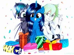 Size: 2195x1646 | Tagged: safe, artist:liaaqila, derpibooru import, oc, oc:elizabat stormfeather, oc:midnight, alicorn, bat pony, bat pony alicorn, human, pony, alicorn oc, bat pony oc, bat wings, birthday, birthday gift, chest fluff, commission, crossover, cute, ear fluff, female, horn, male, mare, n, open mouth, pokémon, present, simple background, solo, traditional art, white background, wings