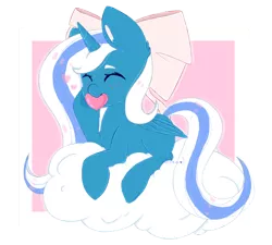 Size: 1024x922 | Tagged: safe, artist:v0lca, derpibooru import, oc, oc:fleurbelle, alicorn, pony, adorable face, alicorn oc, bow, cloud, cute, dreamy, eyes closed, female, hair bow, happy, heart in mouth, hearts and hooves day, holiday, hoof on chin, hooves, horn, love, mare, pink background, ribbon, simple background, sitting, valentine's day, wings