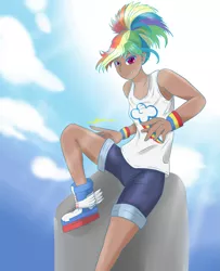 Size: 2669x3295 | Tagged: alternate version, artist:mantarwolf, dark skin, derpibooru import, fanart, human, humanized, kotobukiya, kotobukiya rainbow dash, looking at you, rainbow dash, safe, sky, solo