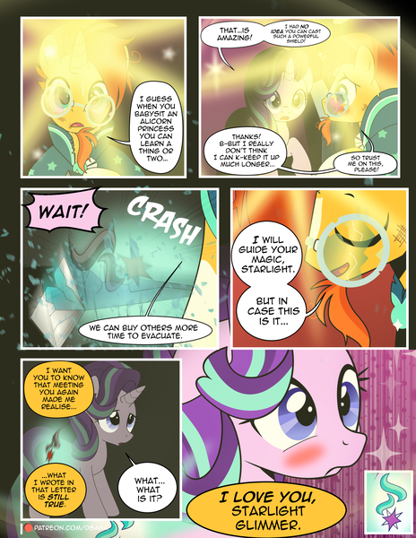 Size: 1275x1650 | Tagged: safe, artist:dsana, derpibooru import, starlight glimmer, sunburst, pony, unicorn, comic:the shadow shard, blushing, comic, confession, cutie mark, dialogue, duo, female, magic bubble, male, mare, shipping, stallion, starburst, straight