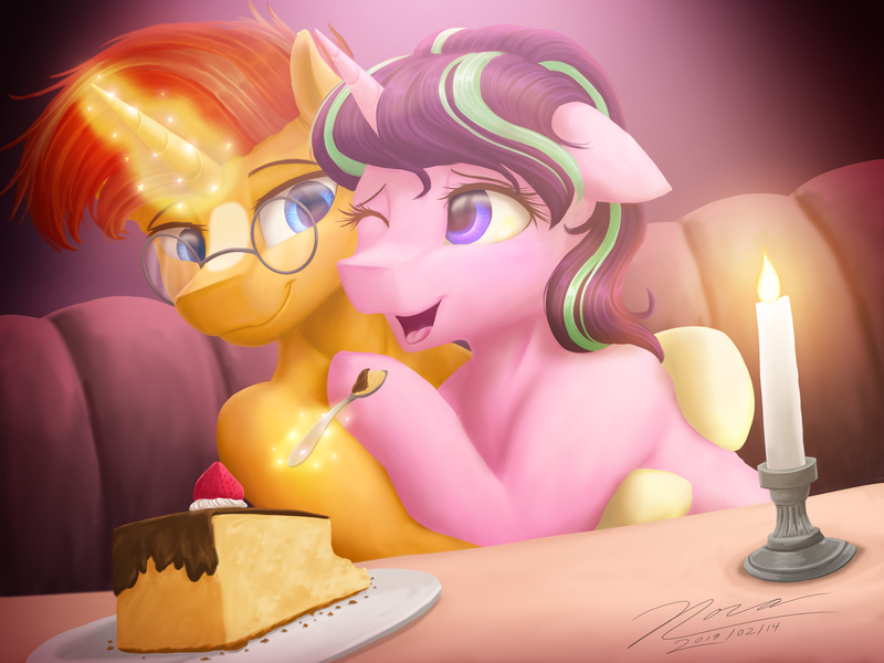 Size: 2828x2121 | Tagged: safe, artist:novaintellus, derpibooru import, starlight glimmer, sunburst, pony, unicorn, cake, candle, cheesecake, feeding, female, food, glasses, glowing horn, horn, magic, male, mare, shipping, smiling, stallion, starburst, straight, telekinesis