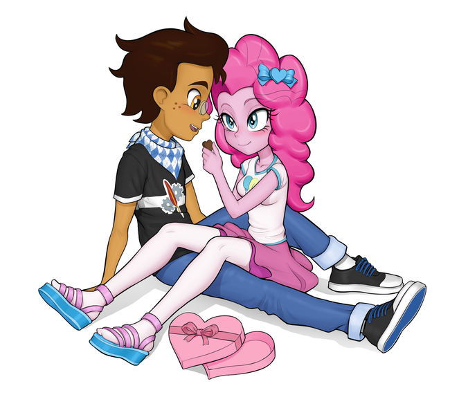 Size: 2276x2021 | Tagged: safe, artist:anon_bardos, derpibooru import, pinkie pie, oc, oc:copper plume, equestria girls, equestria girls series, blushing, bow, box of chocolates, canon x oc, chocolate, clothes, commission, commissioner:imperfectxiii, converse, copperpie, feeding, female, food, freckles, glasses, holiday, male, miniskirt, neckerchief, pants, pantyhose, sandals, shipping, shirt, shoes, simple background, sitting on lap, sitting on person, skirt, sneakers, straight, valentine's day