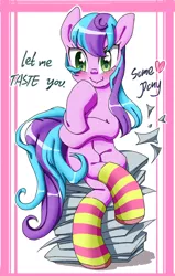 Size: 600x945 | Tagged: safe, artist:tastyrainbow, derpibooru import, oc, unofficial characters only, pony, blushing, clothes, cute, happy, knee high socks, paper, sitting, smiley face, socks, solo, striped socks, thinking