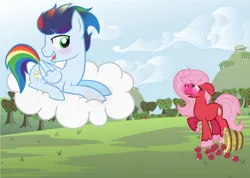 Size: 1024x728 | Tagged: safe, artist:mylittlepon3lov3, derpibooru import, oc, oc:pink pearl, oc:weather wings, unofficial characters only, earth pony, pegasus, pony, apple, female, food, male, mare, offspring, parent:big macintosh, parent:fluttershy, parent:rainbow dash, parent:soarin', parents:fluttermac, parents:soarindash, stallion