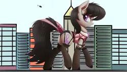 Size: 2500x1406 | Tagged: suggestive, artist:raps, derpibooru import, edit, octavia melody, earth pony, pony, bowtie, butt, chest fluff, city, clothed ponies, clothes, corset, ear fluff, female, giant pony, giantess, helicopter, lingerie, looking back, macro, mare, panties, plot, simple background, socks, solo, solo female, stockings, tail wrap, thigh highs, underwear, white background