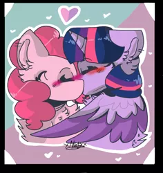 Size: 754x800 | Tagged: safe, artist:xmistywolfx, derpibooru import, pinkie pie, twilight sparkle, twilight sparkle (alicorn), alicorn, earth pony, pony, blushing, cute, female, heart, kissing, lesbian, mare, shipping, twinkie