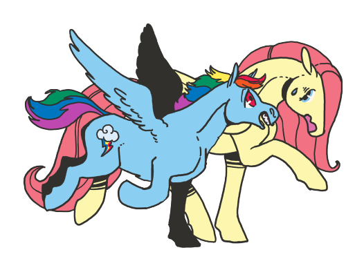 Size: 500x375 | Tagged: safe, artist:spectralunicorn, derpibooru import, fluttershy, rainbow dash, pegasus, pony, duo, female, flying, hoers, looking at each other, mare, open mouth, raised hoof, simple background, smiling, spread wings, sweat, transparent background, walking, wings