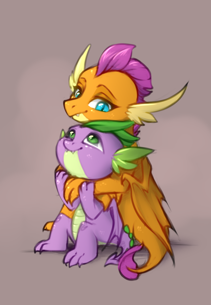 Size: 841x1213 | Tagged: safe, artist:vincher, derpibooru import, smolder, spike, dragon, claws, cuddling, cute, dragoness, duo, eye contact, female, friends, friendship, gray background, hug, lidded eyes, looking at each other, looking up, male, shipping, simple background, sitting, smiling, smolderbetes, spikabetes, spikelove, spolder, spooning, spread wings, straight, wholesome, winged spike, wings