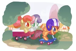 Size: 2226x1500 | Tagged: safe, artist:andromedasparkz, derpibooru import, apple bloom, scootaloo, sweetie belle, earth pony, pegasus, pony, unicorn, bow, cart, cutie mark crusaders, female, filly, happy, helmet, houses, ponyville, scooter, wagon