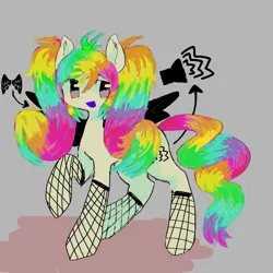 Size: 768x768 | Tagged: safe, artist:jqzz, derpibooru import, oc, oc:cacophony, unofficial characters only, pegasus, pony, eyestrain warning, female, fishnets, gray background, kidcore, mare, multicolored hair, one hoof raised, open mouth, rainbow, rainbow hair, scene kid, simple background, smiling, solo, standing, wings