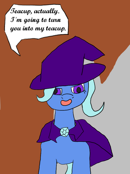 Size: 600x800 | Tagged: safe, artist:planetkiller, derpibooru import, trixie, pony, unicorn, cape, clothes, comic, crossover, gem, hat, looking at you, riddick, simple background, single panel, solo, text