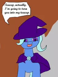 Size: 600x800 | Tagged: safe, artist:planetkiller, derpibooru import, trixie, pony, unicorn, cape, clothes, comic, crossover, gem, hat, looking at you, riddick, simple background, single panel, solo, text