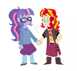 Size: 1196x1116 | Tagged: safe, artist:ediblewafflebites, derpibooru import, sci-twi, sunset shimmer, twilight sparkle, equestria girls, equestria girls series, alternate costumes, blushing, doodle, female, heart, holding hands, lesbian, looking at each other, scitwishimmer, shipping, simple background, sunsetsparkle