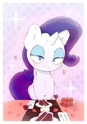 Size: 1067x1515 | Tagged: safe, artist:fuwuart, artist:lyrabop, derpibooru import, rarity, pony, unicorn, alcohol, blushing, cake, candle, chest fluff, ear fluff, eyeshadow, female, flower, flower petals, food, heart, looking at you, makeup, mare, rarity looking at food, rose, solo, table, wine