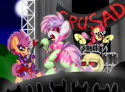 Size: 3800x2800 | Tagged: safe, artist:paulpeopless, derpibooru import, apple bloom, scootaloo, sweetie belle, earth pony, pegasus, pony, unicorn, the show stoppers, band, bipedal, clothes, cutie mark crusaders, drum set, drums, electric guitar, guitar, human skull, metal, microphone, moon, musical instrument, rock, show stopper outfits, skull