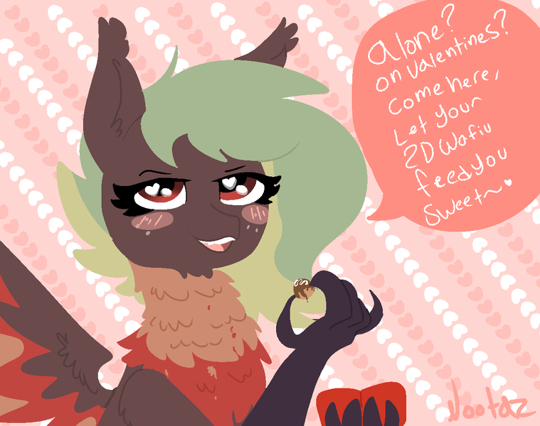 Size: 1240x980 | Tagged: 2d wife, artist:nootaz, blushing, cherry, chocolate, derpibooru import, fangs, female, flirting, food, grabby boi, grin, hippogriff, holding, holiday, neck feathers, oc, oc:terracotta, safe, smiling, smug, talons, teeth, text, this will end in pregnancy, valentine's day, valentines day card, wings