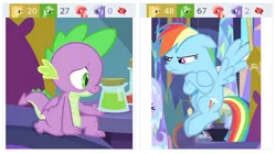 Size: 439x246 | Tagged: safe, derpibooru import, edit, edited screencap, screencap, fluttershy, rainbow dash, spike, dragon, pegasus, pony, derpibooru, ail-icorn, spoiler:interseason shorts, angry, claws, cropped, crossed hooves, cutie mark, dashie mcboing boing, duo, female, floppy ears, fluttercold, freezing, juxtaposition, lyrebird dash, male, mare, meta, potion, pouting, solo, tail, toe curl, unamused, winged spike, wings