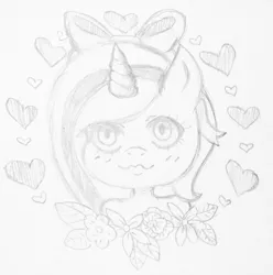 Size: 1024x1031 | Tagged: safe, artist:fairybunni, derpibooru import, oc, oc:fleurbelle, alicorn, pony, adorable face, alicorn oc, bow, cute, female, flower, hair bow, happy, heart, horn, looking at you, mare, ribbon, smiling, sweet, traditional art, wings