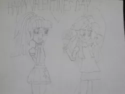 Size: 1024x768 | Tagged: safe, artist:brandonale, derpibooru import, sci-twi, sunset shimmer, twilight sparkle, equestria girls, female, flower, happy valentines day, heart, holiday, lesbian, pencil drawing, scitwishimmer, shipping, sunsetsparkle, traditional art, valentine's day