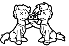 Size: 225x150 | Tagged: safe, artist:crazyperson, derpibooru import, earth pony, pony, unicorn, fallout equestria, fallout equestria: commonwealth, fanfic, black and white, clothes, duo, fanfic art, generic pony, grayscale, hooves, horn, male, missing eye, monochrome, picture for breezies, simple background, sitting, stallion, transparent background, vault suit