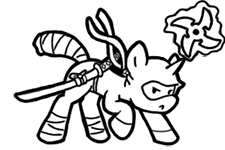 Size: 225x150 | Tagged: safe, artist:crazyperson, derpibooru import, pony, unicorn, fallout equestria, fallout equestria: commonwealth, black and white, fanfic art, generic pony, glowing horn, grayscale, hooves, horn, katana, levitation, magic, magic aura, monochrome, ninja, picture for breezies, shuriken, simple background, solo, sword, telekinesis, transparent background, weapon