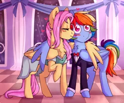 Size: 1200x1000 | Tagged: safe, artist:cinnamonsparx, derpibooru import, fluttershy, rainbow dash, pony, blushing, chest fluff, clothes, dress, female, flutterdash, hug, lesbian, shipping, suit, winghug