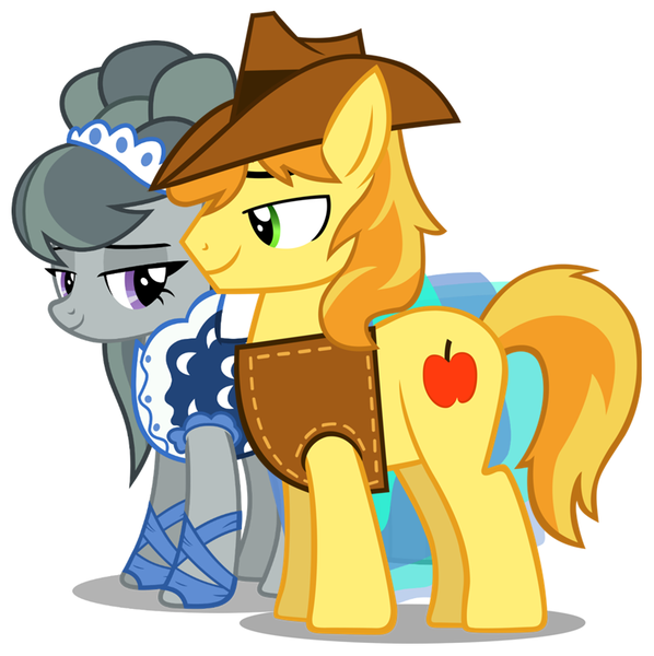 Size: 793x796 | Tagged: safe, derpibooru import, braeburn, marble pie, pony, beautiful, braeble, clothes, courtship, dan + shay, dress, female, handsome, hat, hearts and hooves day, holiday, looking at each other, male, shipping, shy, smiling, song reference, speechless, straight, valentine's day, vest, youtube link