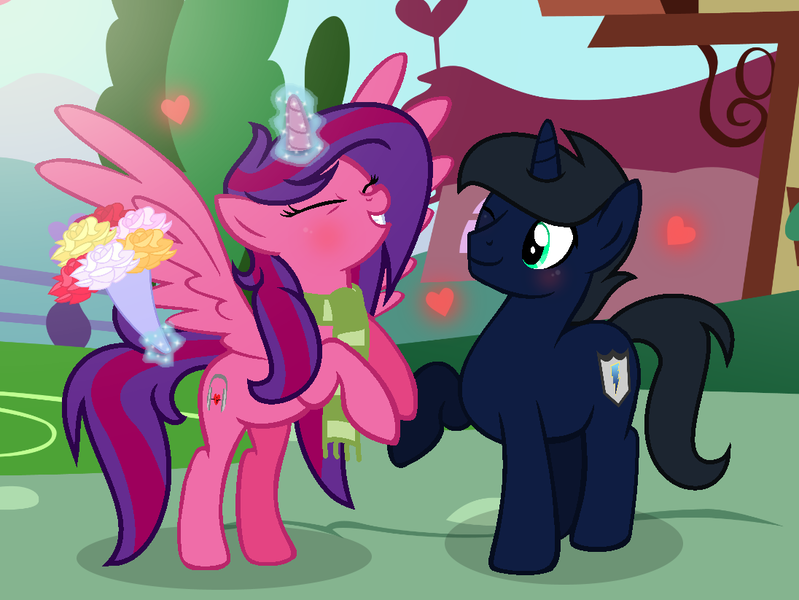 Size: 1096x823 | Tagged: safe, artist:darbypop1, derpibooru import, oc, oc:alyssa rice, oc:walker warrior, unofficial characters only, alicorn, pony, unicorn, bouquet, clothes, female, flower, magic, male, mare, one eye closed, scarf, stallion, wink