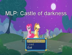 Size: 534x407 | Tagged: safe, derpibooru import, applejack, pinkie pie, earth pony, pony, alternate universe, applepie, bench, female, game, lesbian, mare, mlp:castle of darkness, night, rpg maker, rpg maker vx ace, shipping