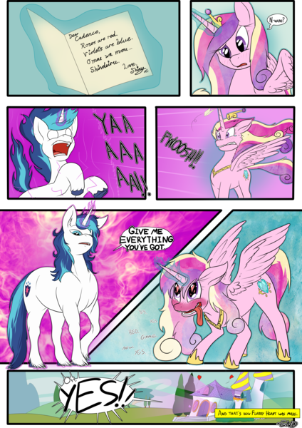 Size: 2893x4092 | Tagged: suggestive, artist:teabucket, deleted from derpibooru, derpibooru import, princess cadance, shining armor, alicorn, pony, unicorn, comic:satisfaction guaranteed, and that's how flurry heart was made, aura, blushing, book, cheek fluff, comic, confused, dialogue, ear fluff, estrus, eyes on the prize, female, floppy ears, fluffy, glowing eyes, glowing horn, gritted teeth, head tilt, heart eyes, hearts and hooves day, hoof fluff, horn, horny, implied sex, levitation, lidded eyes, lightning, magic, male, mare, nani, omae wa mou shindeiru, open mouth, potion, powering up, princess cadance is always horny, raised eyebrow, screaming, sexy armor, shiningcadance, shipping, smiling, spellbook, stallion, straight, teary eyes, telekinesis, text, this ended in pregnancy, this will end in pregnancy, tongue out, transformation, unshorn fetlocks, wavy mouth, wide eyes, wind, windswept mane, wing fluff, wingding eyes