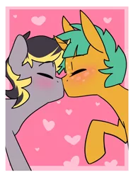 Size: 1500x2000 | Tagged: safe, artist:kryptchild, derpibooru import, snails, oc, oc:aero, pegasus, pony, unicorn, aeroshell, blushing, canon x oc, cute, eyes closed, gay, glitter shell, heart, holiday, kissing, male, offspring, offspring shipping, parent:derpy hooves, parent:oc:warden, parents:canon x oc, parents:warderp, pink, raised hoof, shipping, simple background, transparent background, valentine's day
