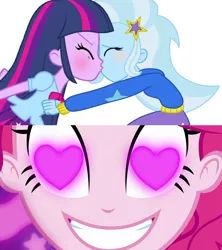 Size: 1912x2152 | Tagged: safe, artist:kog, derpibooru import, edit, screencap, pinkie pie, trixie, twilight sparkle, coinky-dink world, eqg summertime shorts, equestria girls, female, heart eyes, kissing, lesbian, meme, pinkie's eyes, shipping, twixie, wingding eyes