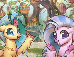 Size: 3502x2731 | Tagged: artist:mirroredsea, classical hippogriff, cousins, cute, derpibooru import, diastreamies, female, grin, hippogriff, hippogriffia, looking at you, mount aris, my little pony: the movie, princess skystar, safe, silverstream, skyabetes, smiling