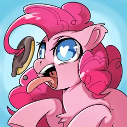 Size: 2519x2519 | Tagged: safe, artist:rougeredred, derpibooru import, pinkie pie, earth pony, pony, blue background, chest fluff, cute, diapinkes, donut, ear fluff, eyes on the prize, female, food, gradient background, heart eyes, mare, open mouth, prehensile mane, simple background, smiling, solo, tongue out, uvula, wingding eyes