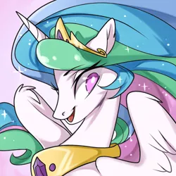 Size: 2519x2519 | Tagged: safe, artist:rougeredred, derpibooru import, princess celestia, alicorn, pony, bust, crown, cute, cutelestia, female, jewelry, mare, no pupils, open mouth, portrait, regalia, solo, spread wings, wing fluff, wings