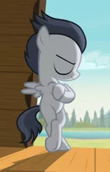Size: 550x853 | Tagged: safe, derpibooru import, screencap, rumble, pegasus, pony, marks and recreation, bipedal, bipedal leaning, colt, cool, cropped, crossed hooves, eyes closed, leaning, leaning back, male, smiling, stupid sexy rumble